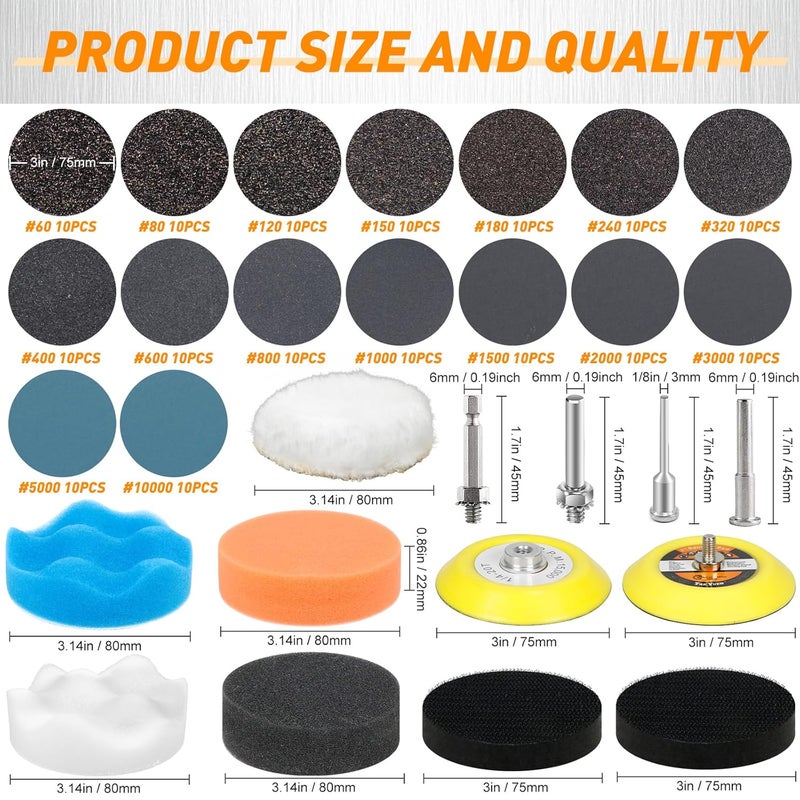 Pukamam 174 PCS 3 Inch Wet Dry Sanding Discs Grit 60 80 120 150 180 240 320 400 600 800 1000 1500 2000 3000 5000 10000 Hook and Loop for Drill Sanding Attachment - Image 2